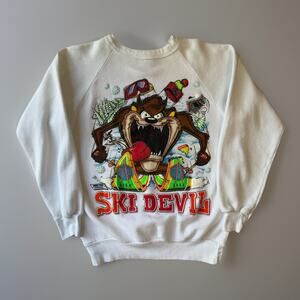 Vintage Taz Ski Devi Sweatshirt Large White 90s Fleece Pullover Looney Tunes